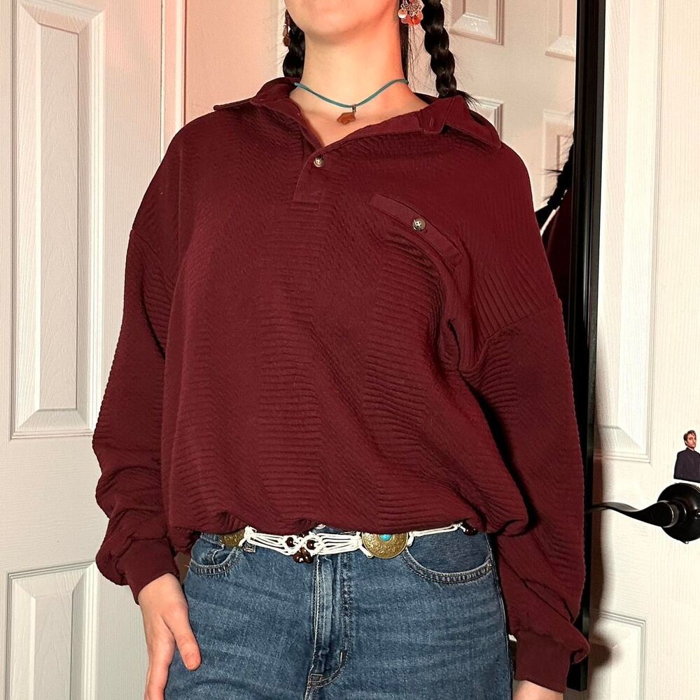 burgundy vintage 90s hoodie with button up front and pocket